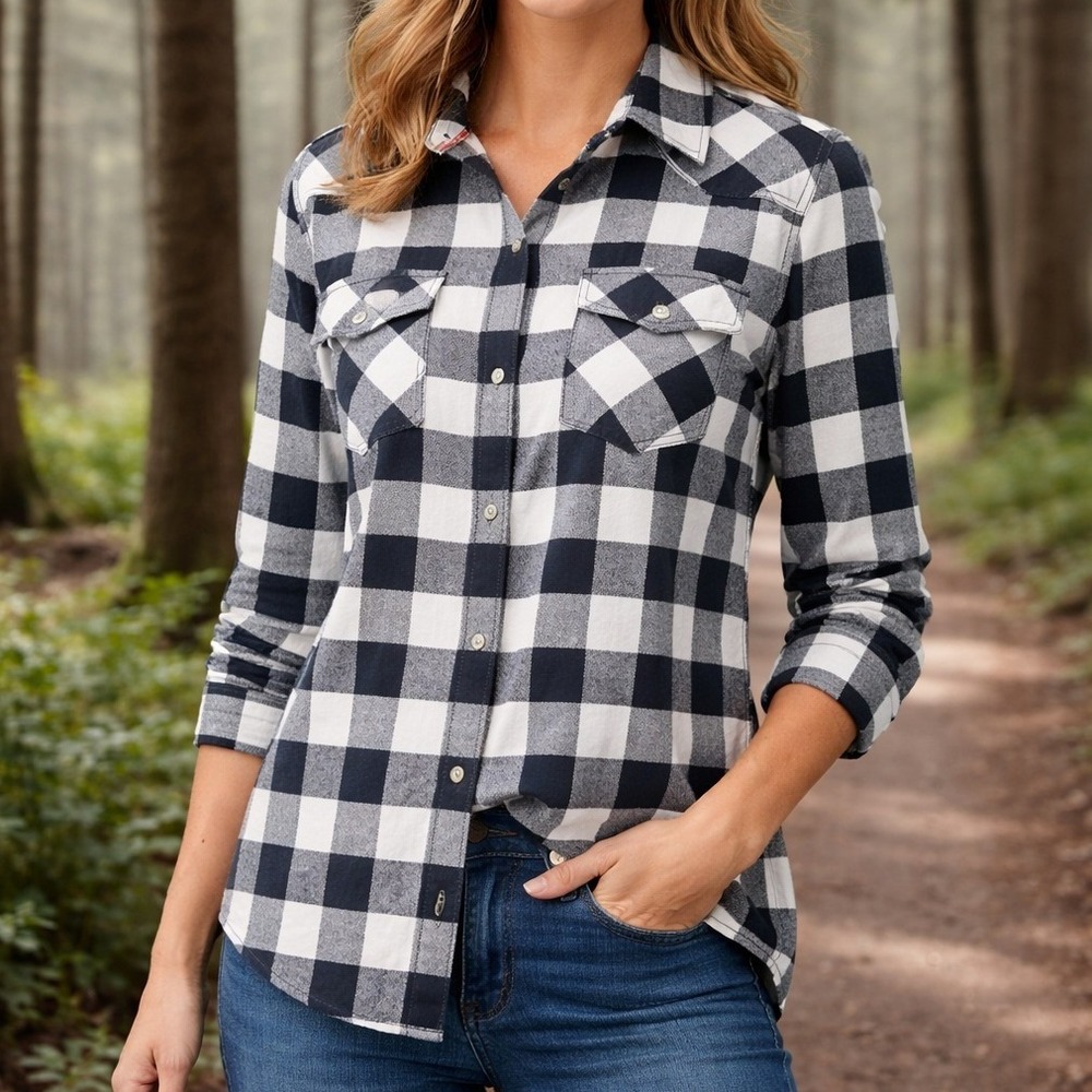 UNTUCKit Holden Black White Buffalo Check Plaid Flannel Shirt Sz 8 Snap‎ Top